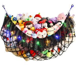 large stuffed animal hammock with light wall mounted- squishmallow hammock plushies net stuff toy organizer boho macrame toy hammock corner hanging net for nursery storage bedroom playroom decor-black