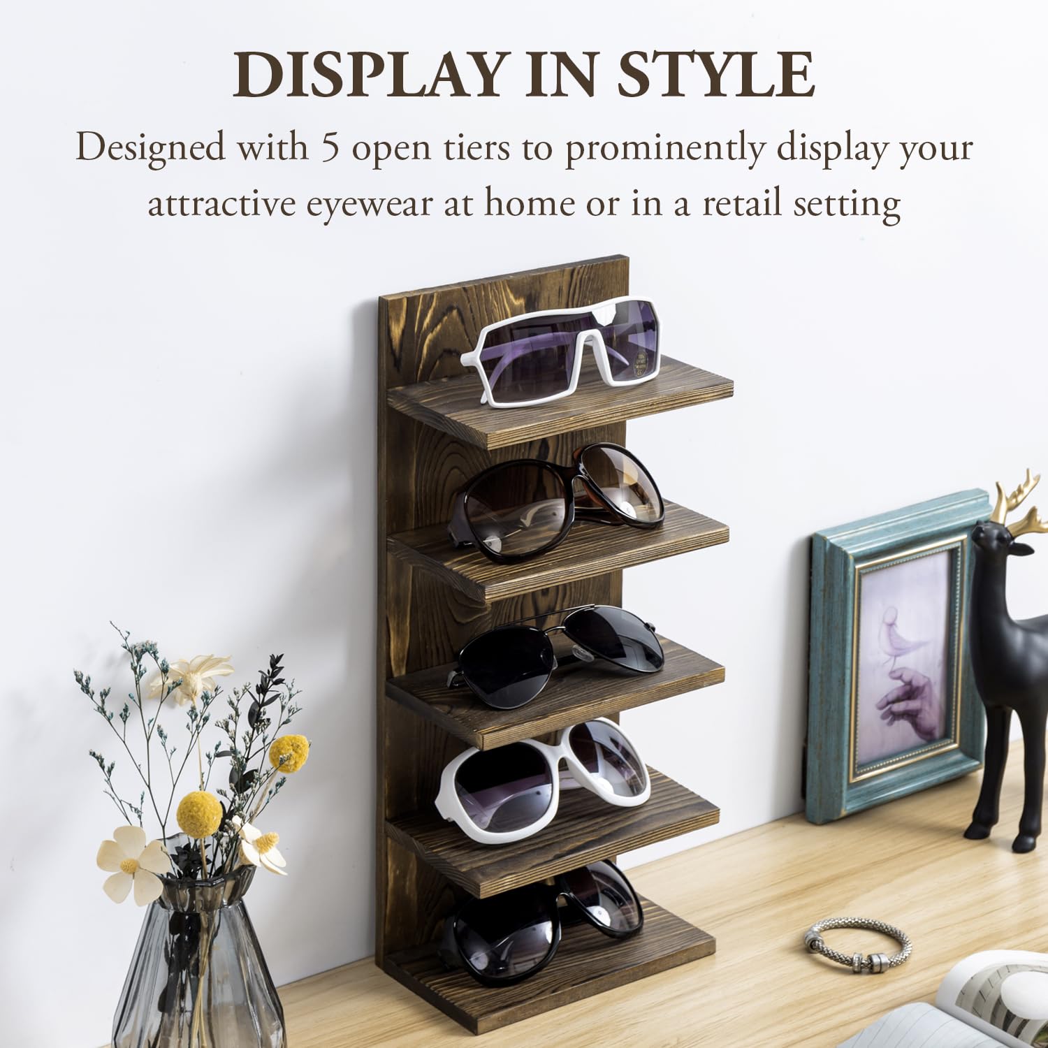 MyGift 5 Tier Rustic Burnt Solid Wood Sunglasses Holder Rack, Wall Mounted Eye Glasses Shelf or Tabletop Display Stand, Retail Eyewear Showcase Storage Organizer