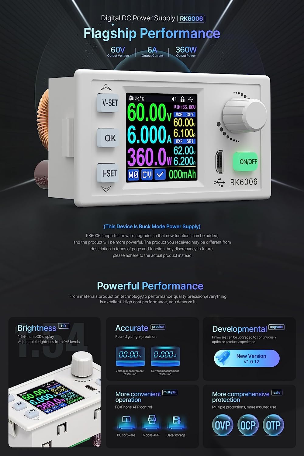 RK6006 60V 6A Adjustable DC-DC Buck Converter | 4-Digit Display | Bench Power Supply for Communication & Voltage Regulation