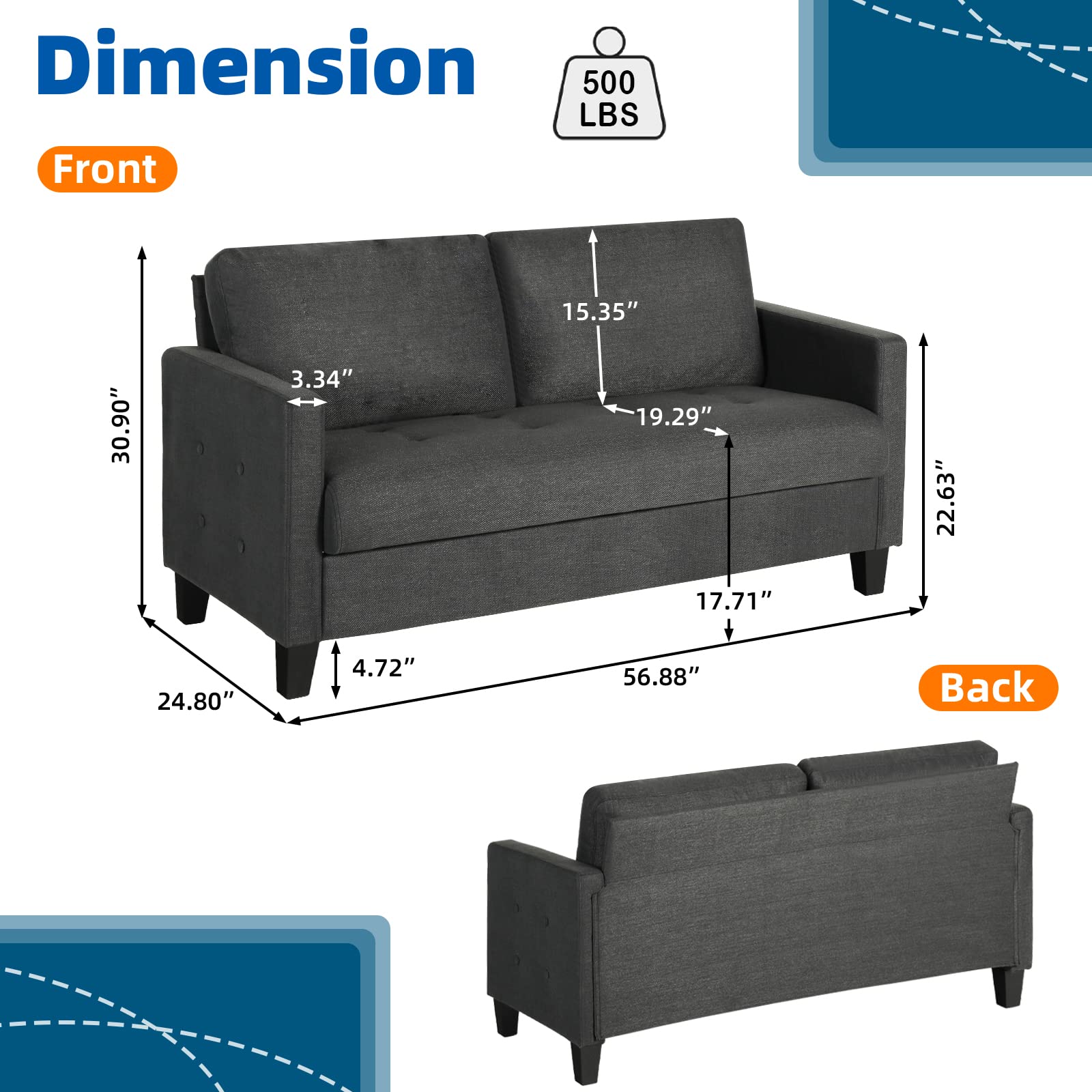 GRAVFORCE 57" W Fabric Loveseat Sofa with 2 USB Charging Ports, Upholstered Love Seat, Small Couch for Living Room, Bedroom, Office (Dark Grey)