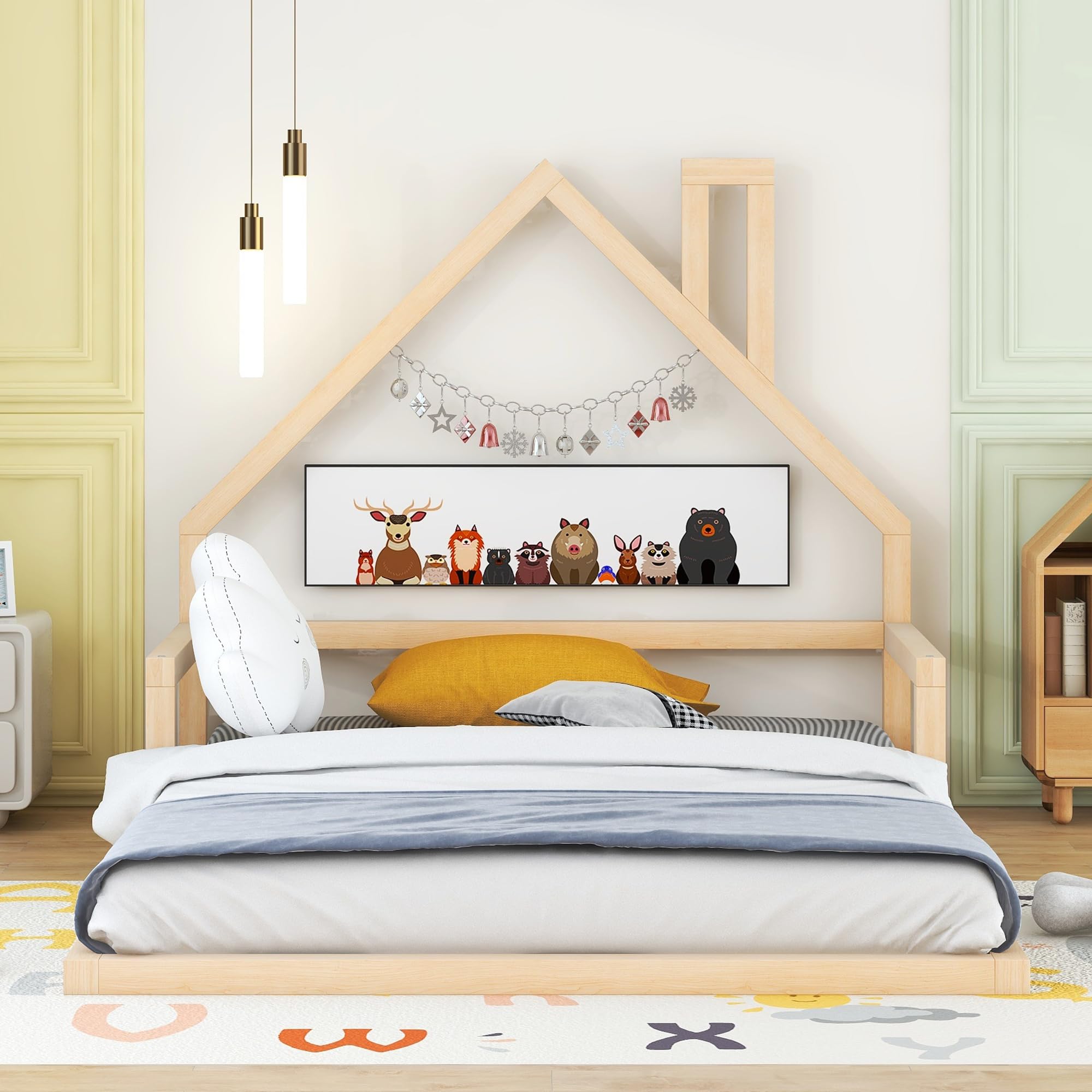 Floor Bed for Kids, Full Size Montessori Bed with House Shape Headboard and Railings, Wood House Bed with Slats for Boys Girls, Low to Ground Height, No Box Spring Needed, Natural