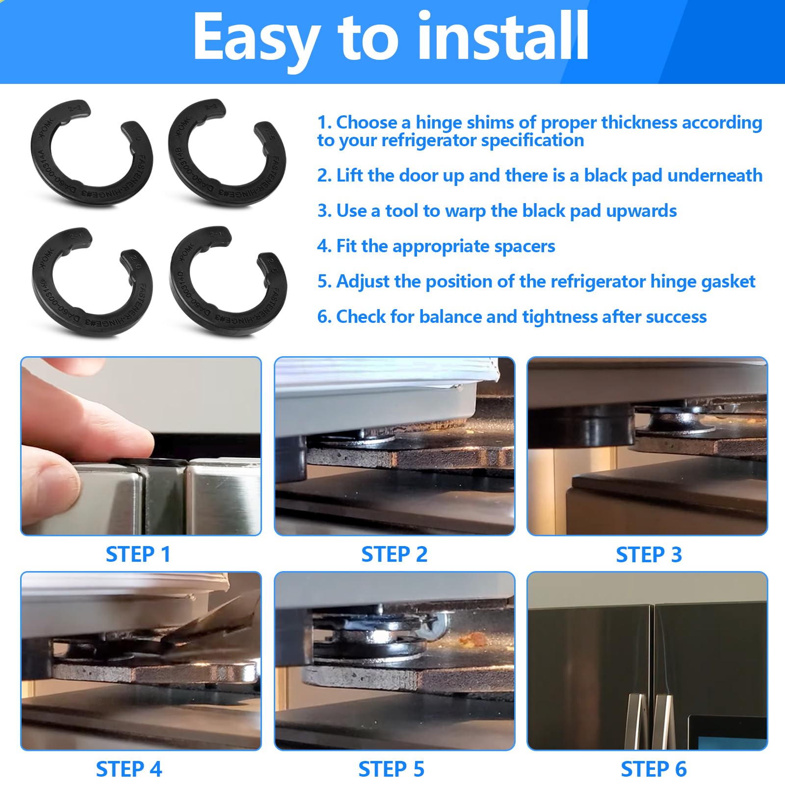 Alocs DA99-04158A Hinge Shim Refrigerator Door Height Adjustment Kits, for Samsung 3282540, DA60-00314C, PS6448337 AP5668209 Refrigerator Door Shims Replacement Parts, 4 Pieces of Different Thickness