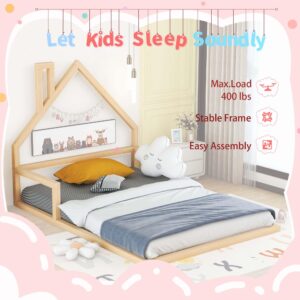 Floor Bed for Kids, Full Size Montessori Bed with House Shape Headboard and Railings, Wood House Bed with Slats for Boys Girls, Low to Ground Height, No Box Spring Needed, Natural