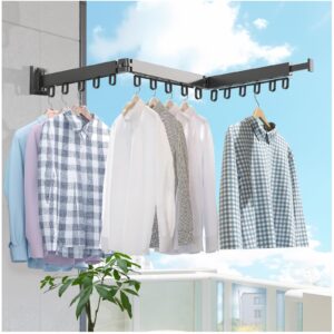 clothes drying rack, laundry drying rack wall mount,space saver clothes rack, retractable clothes drying rack, collapsible(tri-fold), for laundry,balcony, mudroom, bedroom. black color rack clothing.