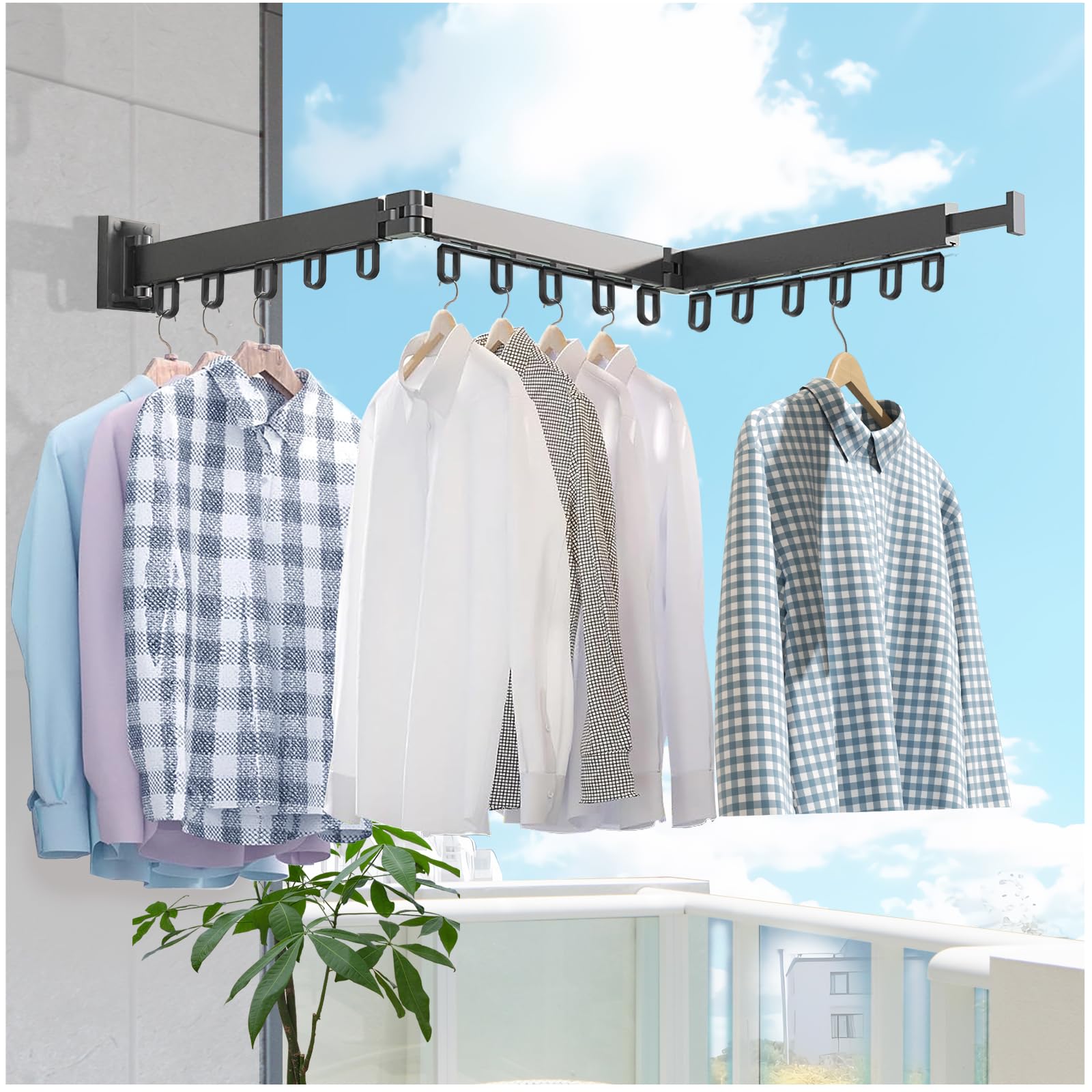 Clothes Drying Rack, Laundry Drying Rack Wall Mount,Space Saver Clothes Rack, Retractable Clothes Drying Rack, Collapsible(Tri-Fold), for Laundry,Balcony, Mudroom, Bedroom. Black Color Rack Clothing.