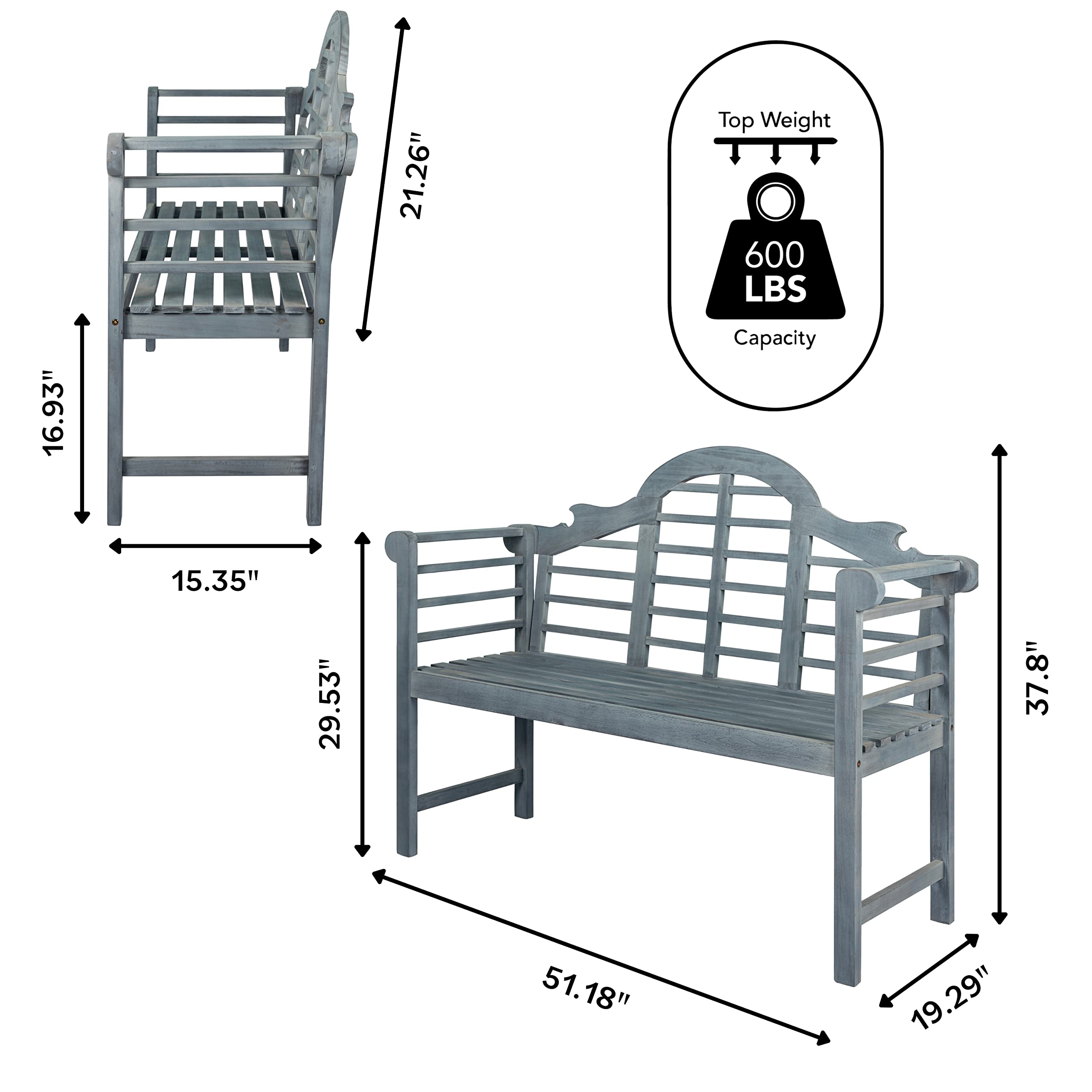 JONATHAN Y BNH103B Lutyens 51.2" 3-Seat Arched 600-Lbs Support Acacia Wood Outdoor Garden Patio Bench for Garden, Lawn, Backyard, Pool, Deck, Beach, Firepit, Gray