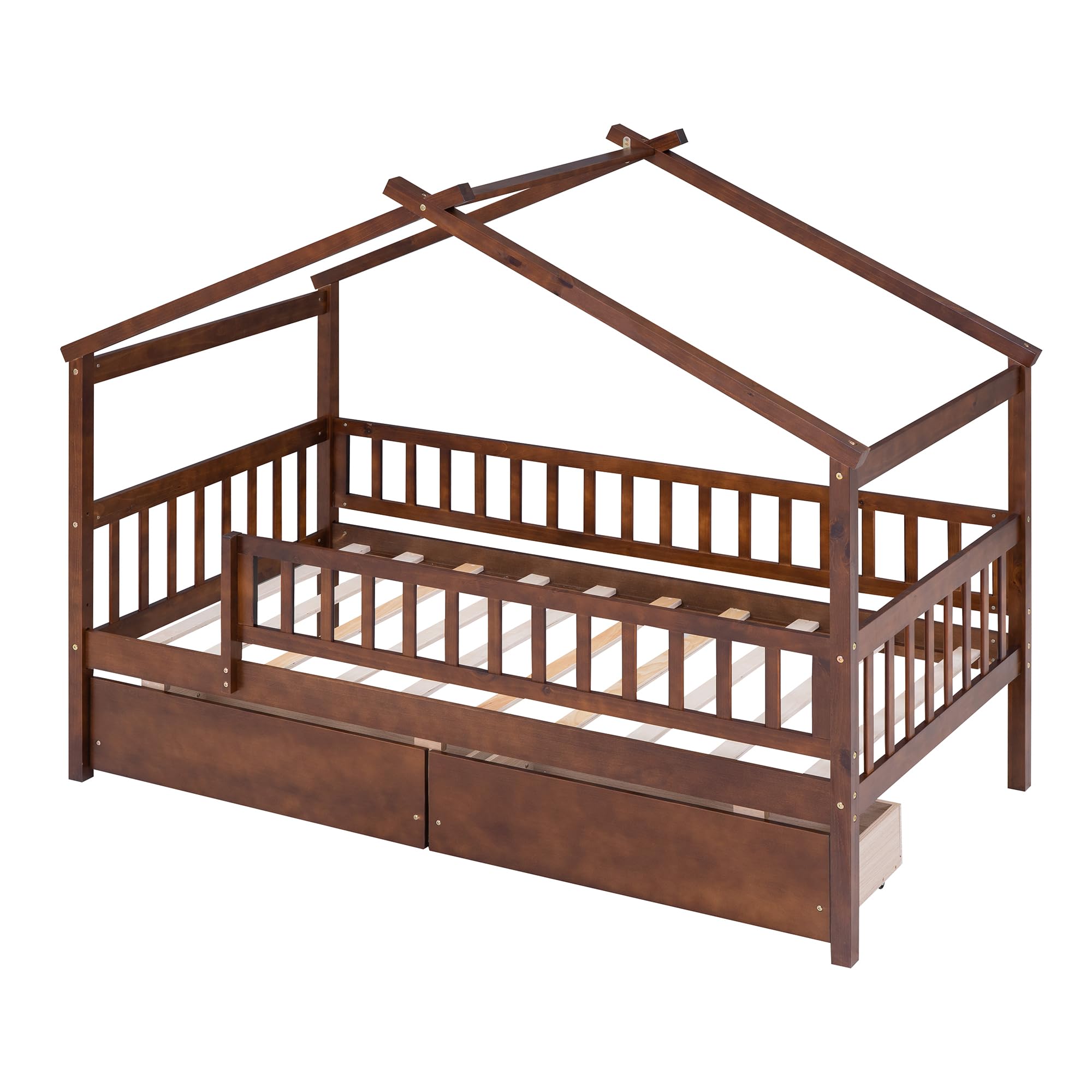 Harper & Bright Designs Twin Size House Bed for Kids, Wooden Twin Bed Frame with 2 Storage Drawers, Twin Montessori Bed with Roof & Rails Design for Girls Boys, Walnut