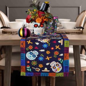 Dia De Los Muertos Table Runner | Day of The Dead Decoration | 13x72 Inch | Burlap Mexico Outdoor Indoor Decor for Mexican Fiesta Party Kitchen Dinning Room Home