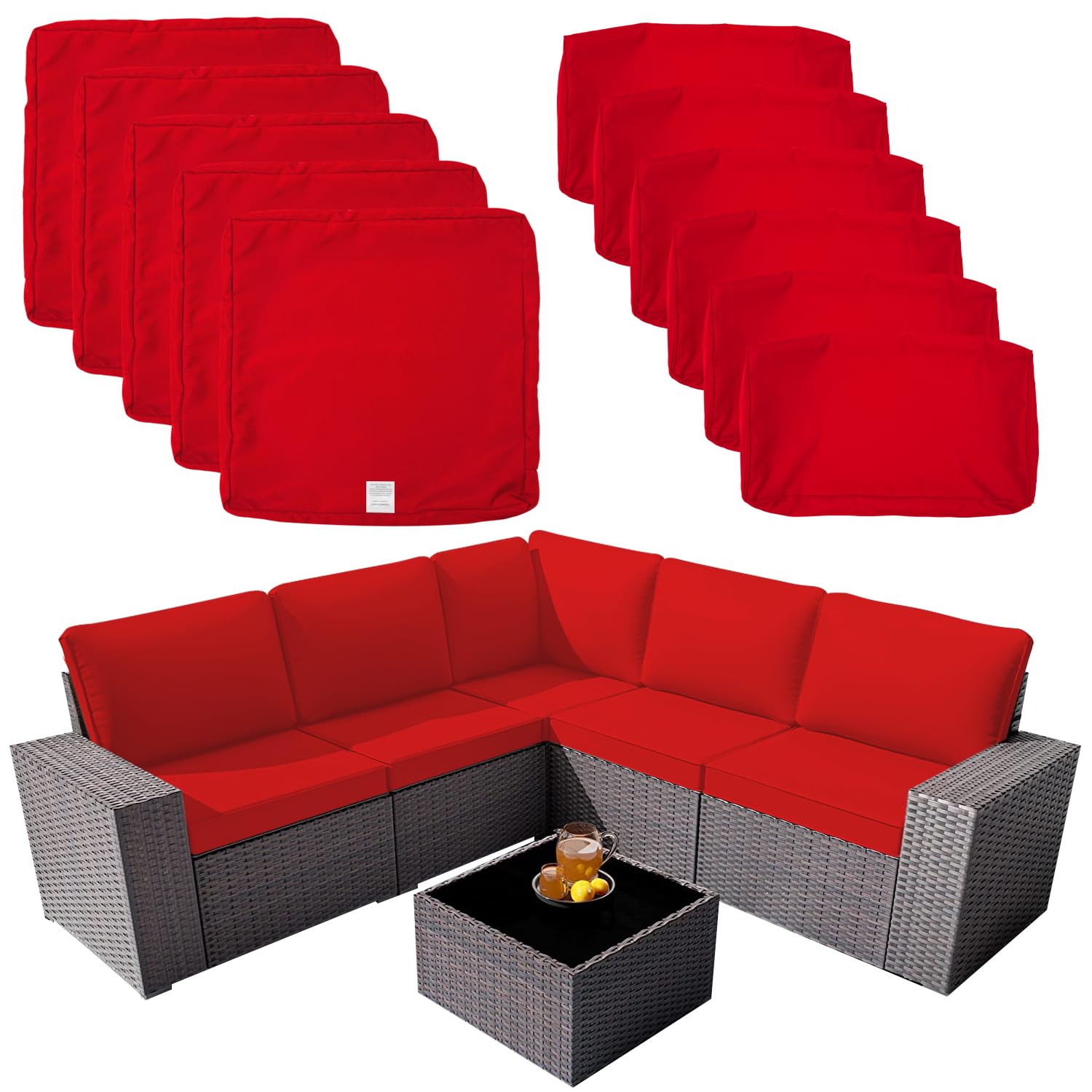 ClawsCover 11Pack Outdoor Seat and Back Cushions Replacement Covers Fit for 5-Seater 6Pieces Wicker Rattan Patio Furniture Conversation Set Sectional Couch Chairs,Red-Included Cover Only