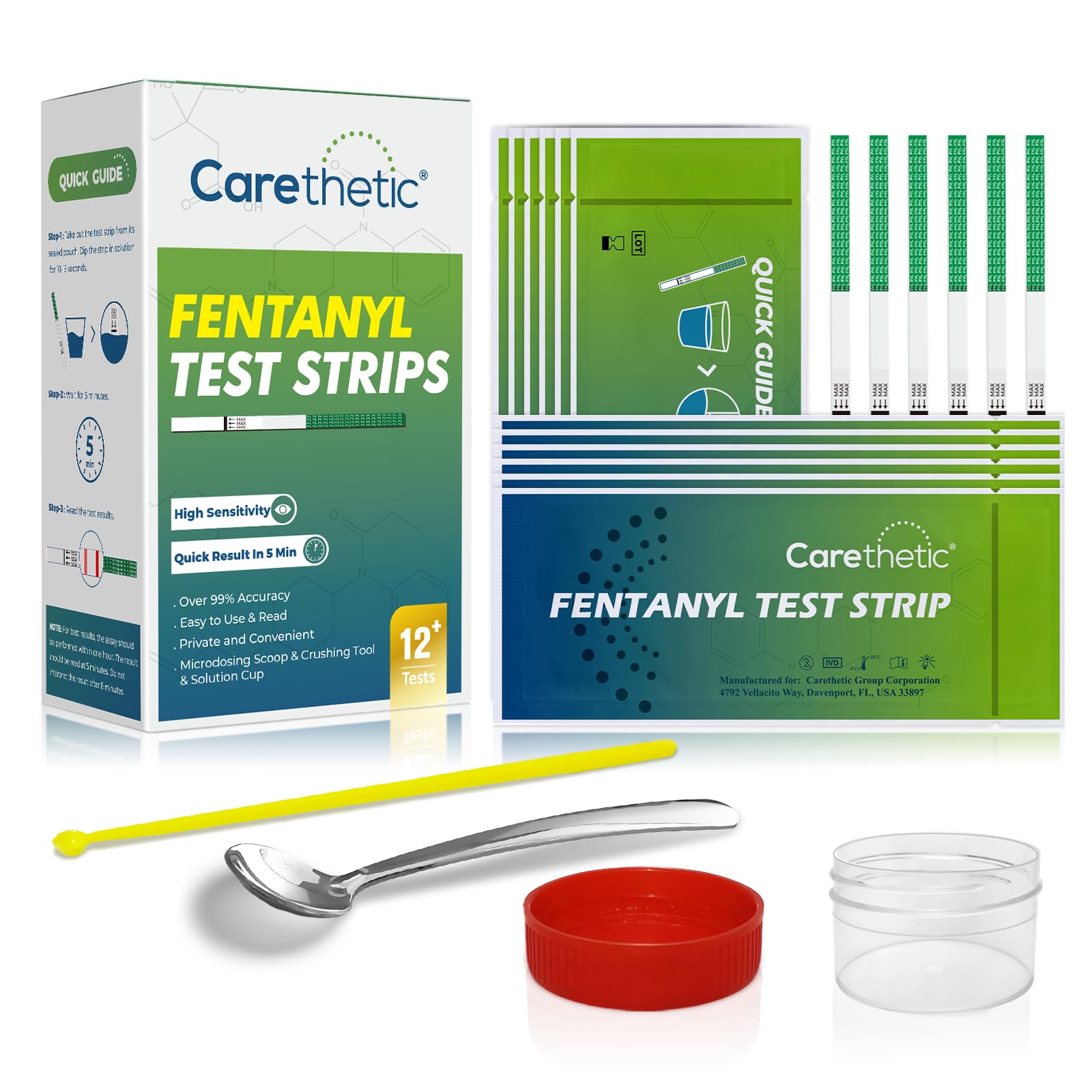 Fentanyl Testing Strips - Carethetic Fentanyl Test Strips for Powder, Liquid & Pills - Fentanyl Test Kit for Drugs Includes - 12 FYL Test Strips + Micro Scoop + Specimen Cup + Manual + Quick Guide