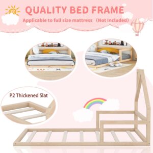 Floor Bed for Kids, Full Size Montessori Bed with House Shape Headboard and Railings, Wood House Bed with Slats for Boys Girls, Low to Ground Height, No Box Spring Needed, Natural