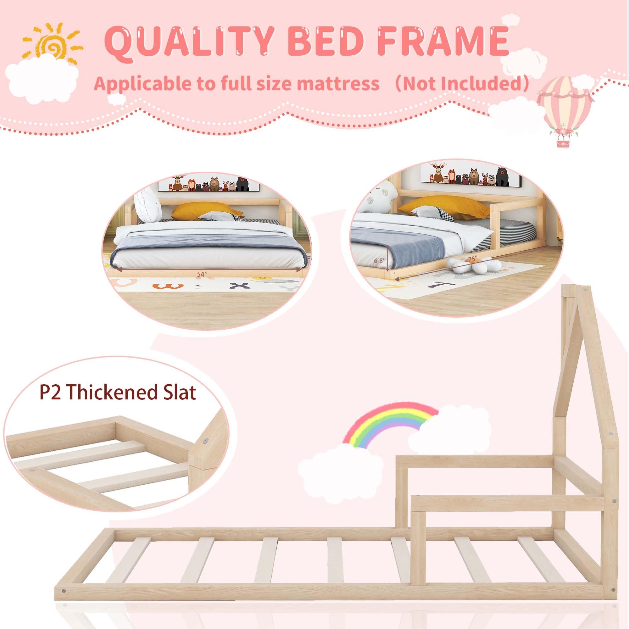 Floor Bed for Kids, Full Size Montessori Bed with House Shape Headboard and Railings, Wood House Bed with Slats for Boys Girls, Low to Ground Height, No Box Spring Needed, Natural