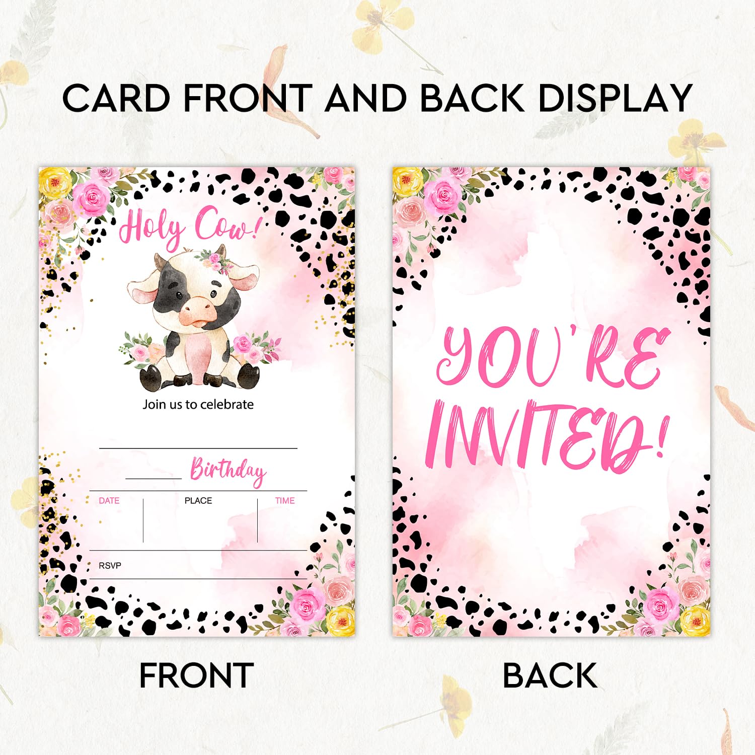 YUEXLL Holy Cow Birthday Party Invitations Cards with Envelopes, Blush Pink Floral Holy Cow Party Invitations, Birthday Celebration Supplies, Double-sided Fill-in bday Invites for Boys Girls- A32