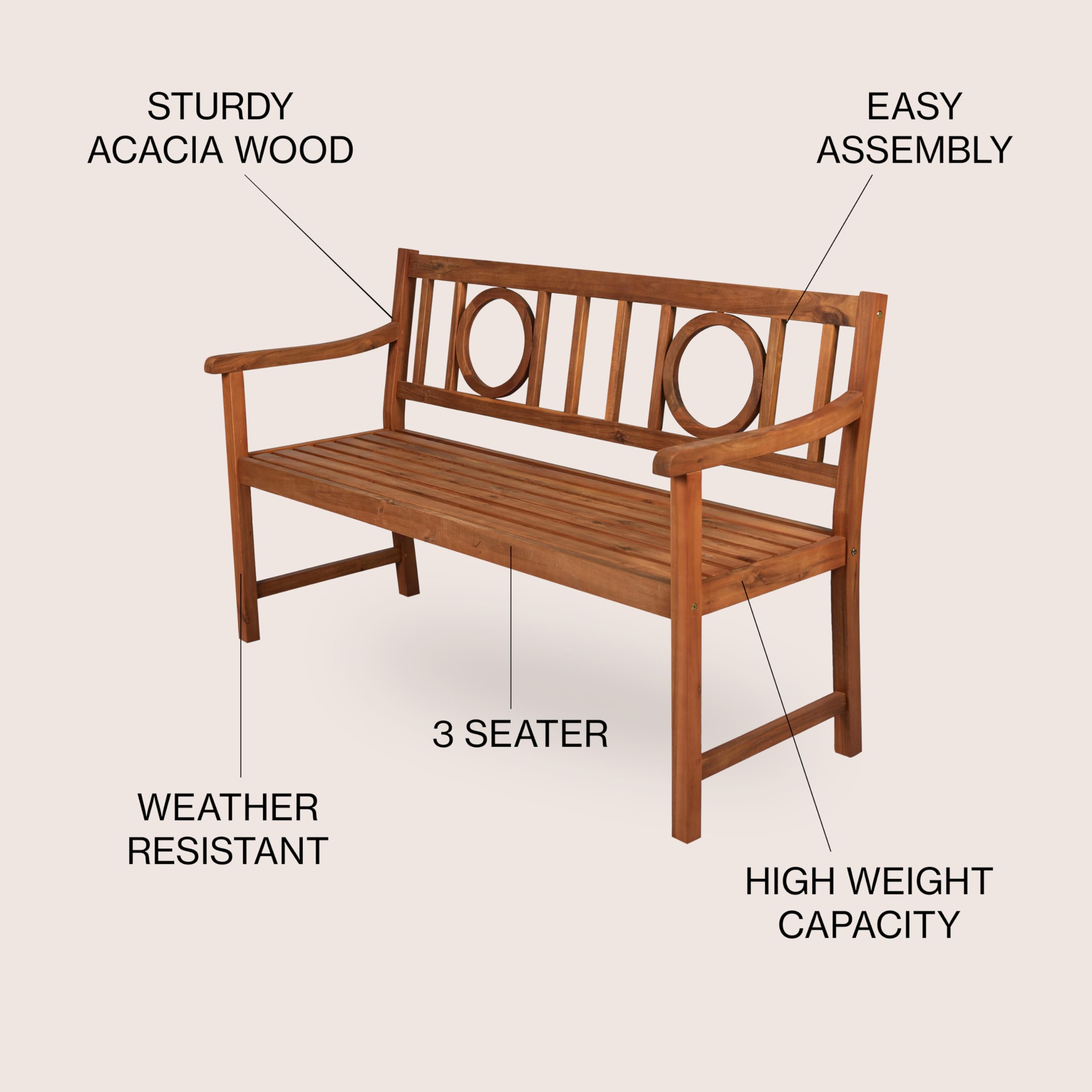 JONATHAN Y BNH104A Apollo 51.2" 3-Seat Circle-Back 600-Lbs Support Acacia Wood Outdoor Garden Patio Bench for Garden, Lawn, Backyard, Pool, Deck, Beach, Firepit, Teak