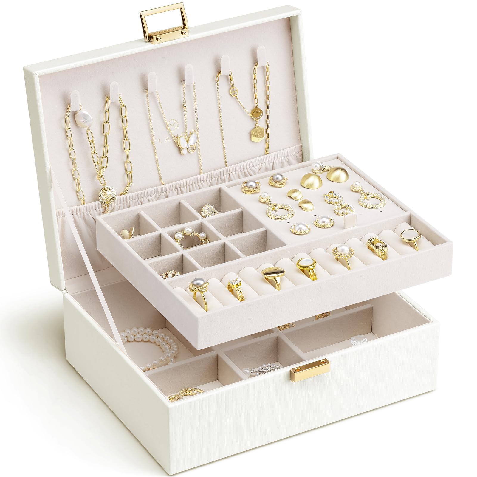 Vlando 2 Layer Jewelry Box Large Jewelry Organizer for Women Removable Jewelery Tray for Necklace Earrings Rings Bracelets Jewelry Boxes for Christmas Gifts Wedding Gifts (Cream White)