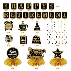 Happy Retirement Party Decorations Kit for Women Men, Black Gold Retirement Banner Honeycomb Centerpieces Swirls Party Supplies, Retirement Banner Ceiling Table Topper Swirls for Indoor Outdoor