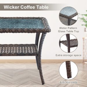 Belord Outdoor Wicker Loveseat with Coffee Table, Patio Loveseat Sofa 2 Piece Outdoor Wicker Furniture Set for Patio Porch Deck Balcony Brown/Blue