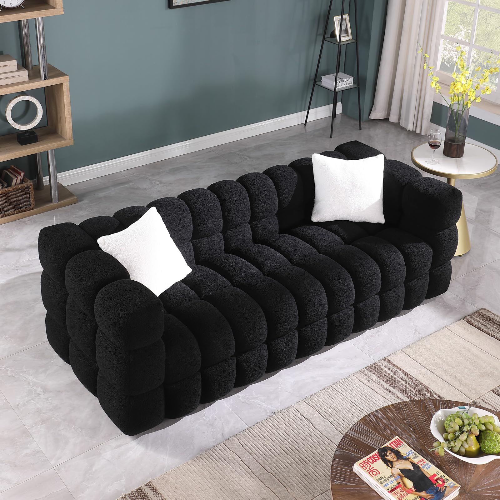 kevinplus 84.3'' Cloud Black Sofa Couch Boucle Chesterfield Sofa Couch for Living Room, Modern 3-Seat Upholstered Sectional Sofa Couch for Apartment Bedroom Dorm Office, Medium-Soft & 2 Pillows, Black