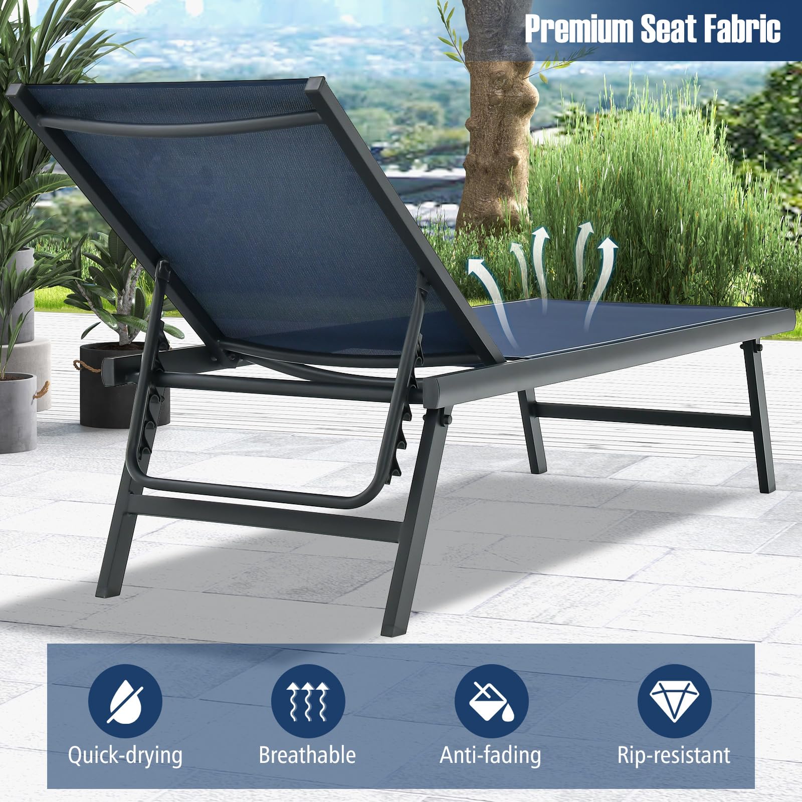 Tangkula 3 Piece Patio Chaise Lounge Set, Aluminum Patio Recliner with Coffee Table, 6-Level Backrest Adjustment, Outdoor Lounge Chair & Side Table Set for Poolside, Backyard (Navy Blue)