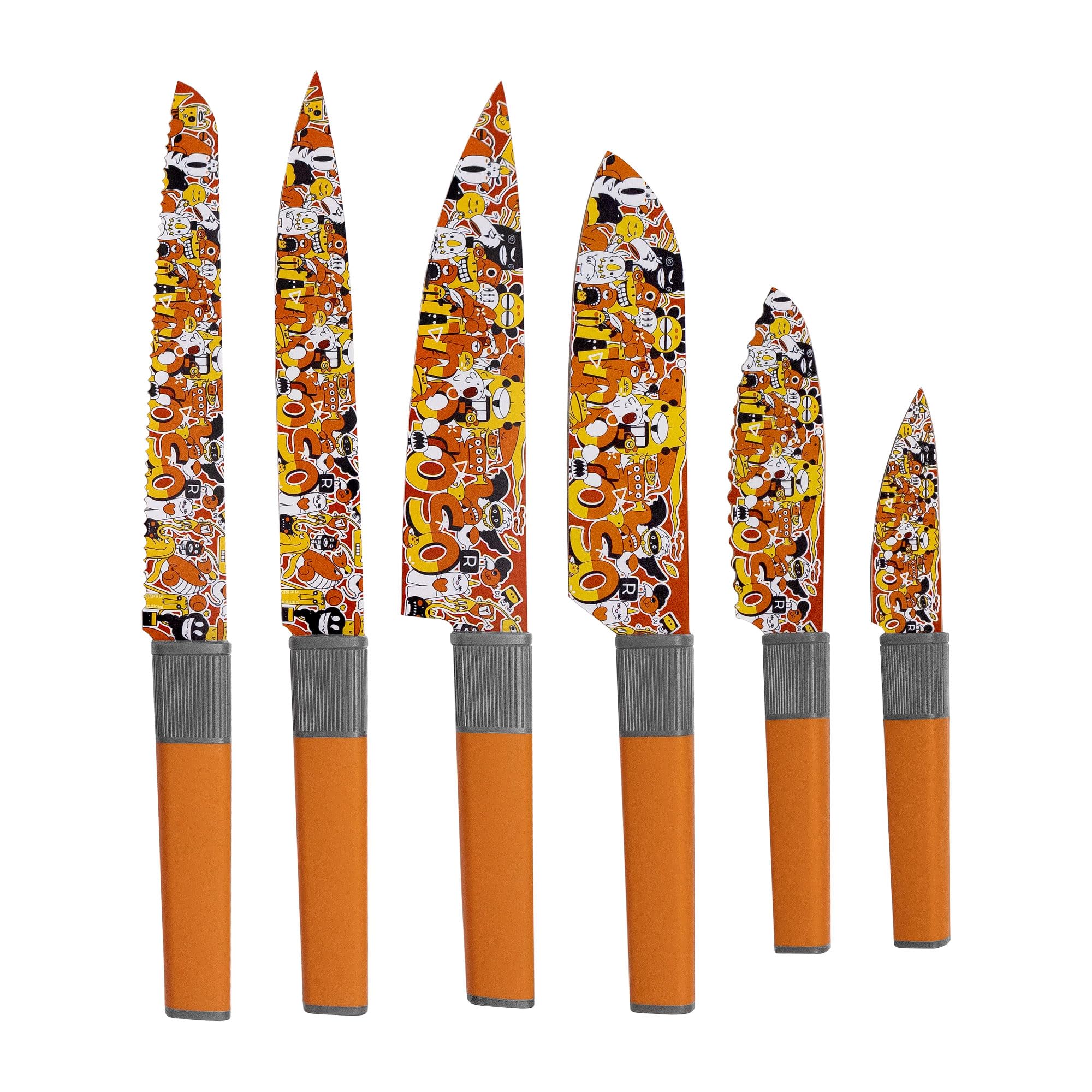 linoroso Knife Set for Kitchen, 6 Pieces Doodle Drawings Kitchen Knife Set with Gift Box, High Carbon Stainless Steel with Colorful Pattern Design Chef Knife Set, Sharp Knife for Gift,Saklei Series