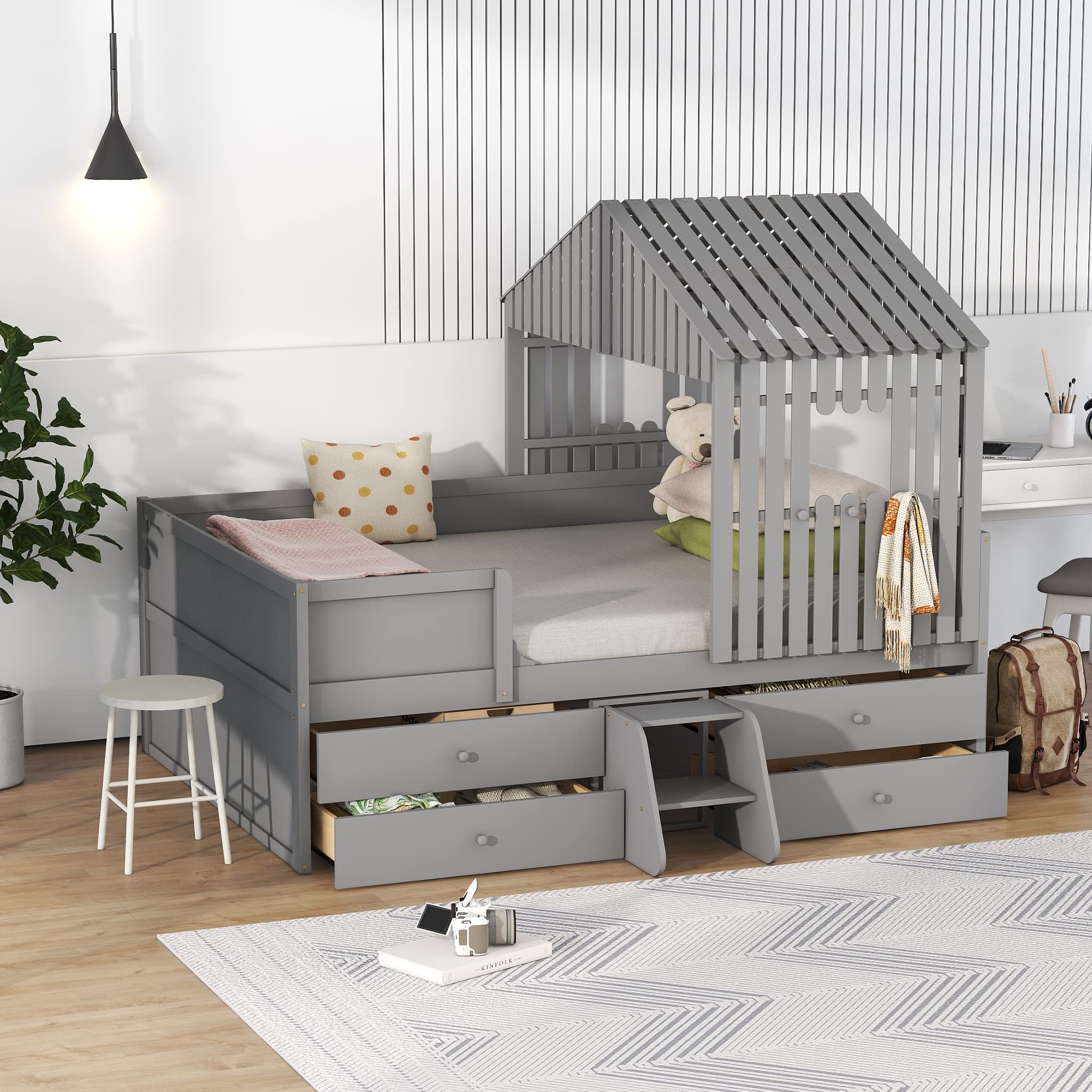 Bellemave Full House Beds with Storage Drawers for Kids, Wood Playhouse Tent Bed Frame 4 and Ladder Children Girls Boys Teens, Size, Gray Gray House Bed