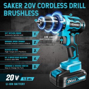 Saker Cordless Drill Set, Brushless 20V Electric Drill with Drill Bits, 3/8-Inch Keyless Chuck, 2 Variable Speeds, 430 In-lbs Torque Battery Power Screwdriver Driver for Plastic, Wood, Metal, Screws