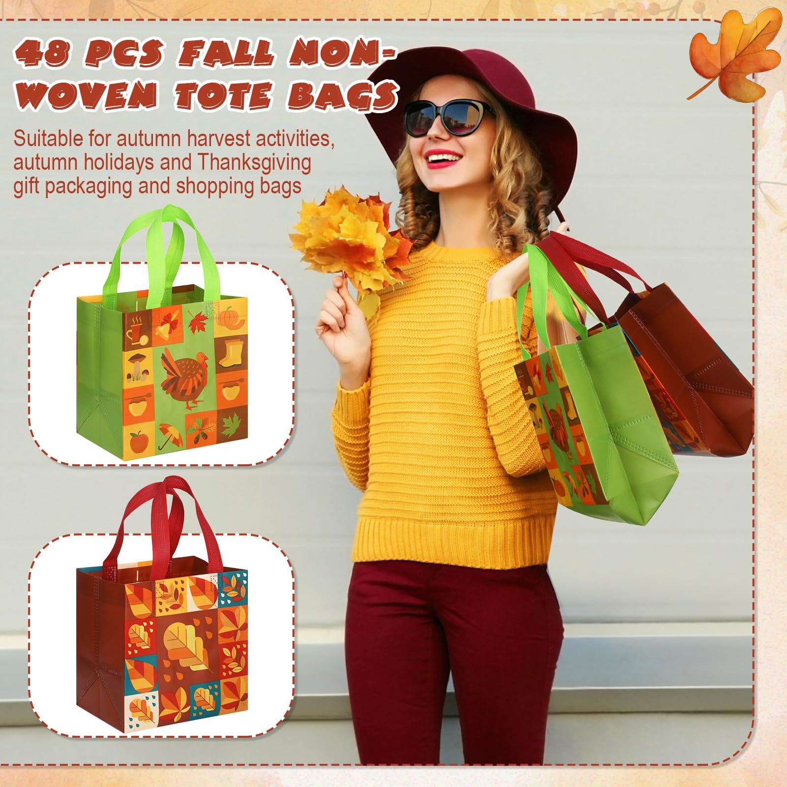 Sanwuta 48 Pcs Fall Non Woven Tote Bags Thanksgiving Party Bags with Handles Waterproof Autumn Treat Favor Bag Pumpkin Goodie Bag Gift Candy Bags Thanksgiving Party Favor Supplies (Simple Style)