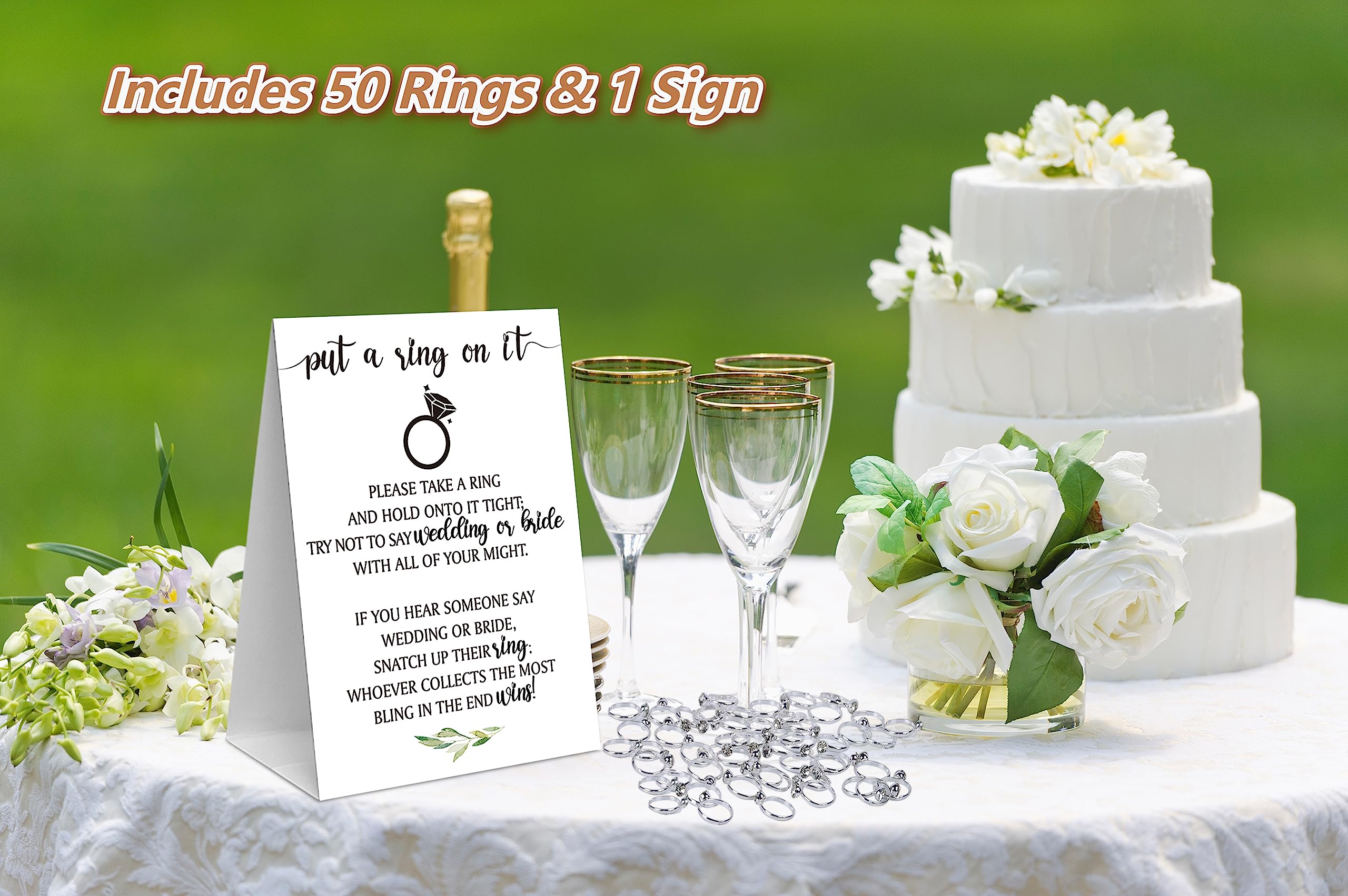 Minimalist Bridal Shower Theme Decorations,Put A Ring On It Game,Don't Say Bride Games,Bridal Shower Games,Wedding Shower,Engagement Party Games(1 Sign And 50 Plastic Diamond Rings)-3