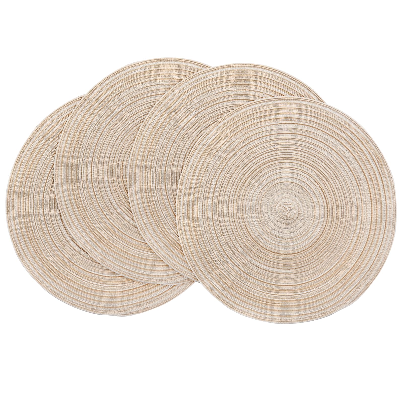 Floroom 15 Inch Round Braided Placemats Set of 4, Washable Heat Resistant Cotton Polyester Circle Place Mats for Kitchen Dining Table - Canvas Beige