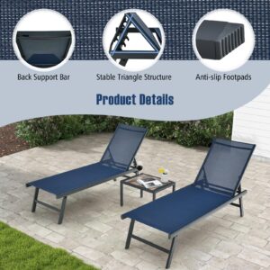 Tangkula 3 Piece Patio Chaise Lounge Set, Aluminum Patio Recliner with Coffee Table, 6-Level Backrest Adjustment, Outdoor Lounge Chair & Side Table Set for Poolside, Backyard (Navy Blue)