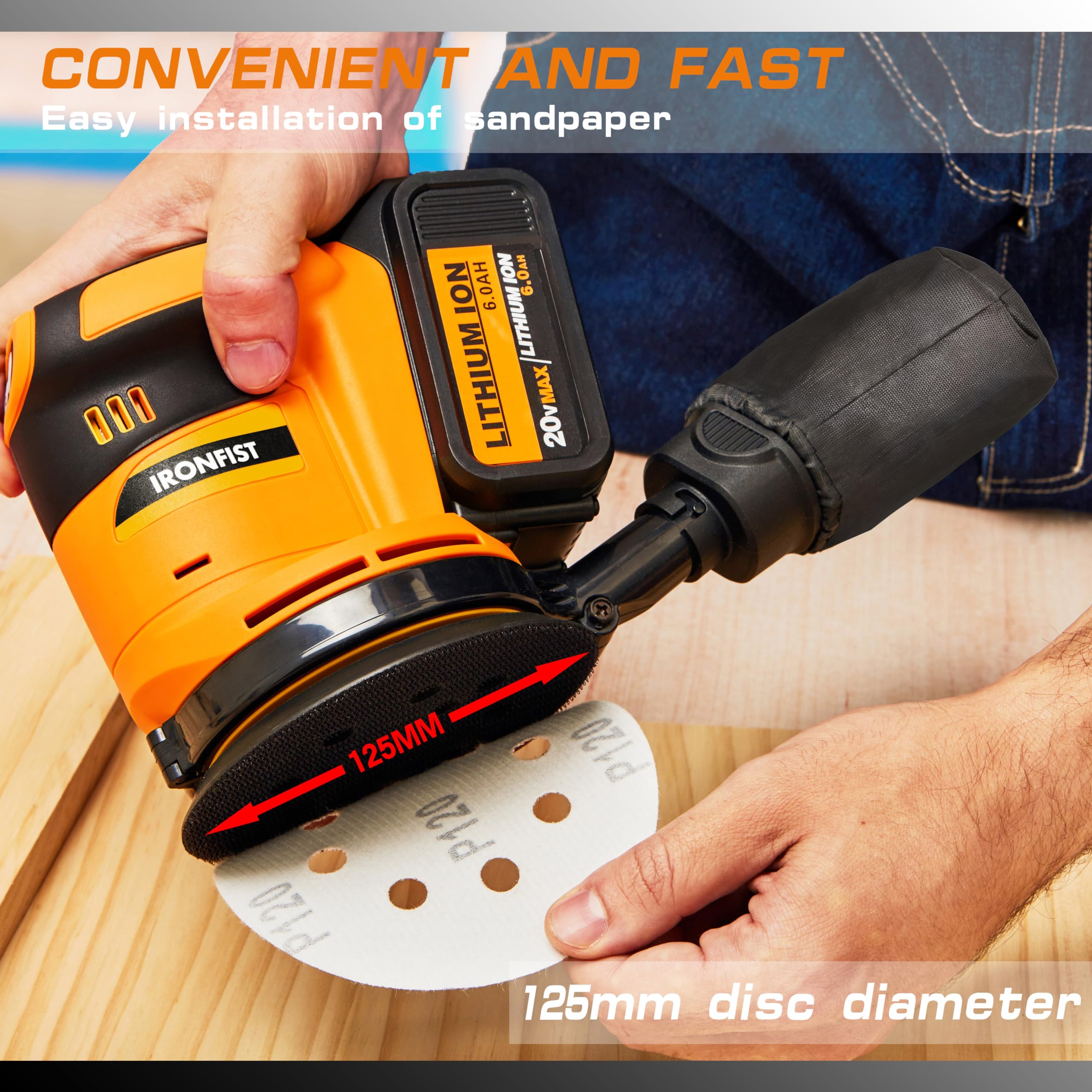 IRONFIST Brushless Random Orbital Sander for Dewalt Battery, Cordless Max 13500RPM 6 Speeds, 5” Electric Sander with Dust Collector 23pcs accessories (Battery Not Included)