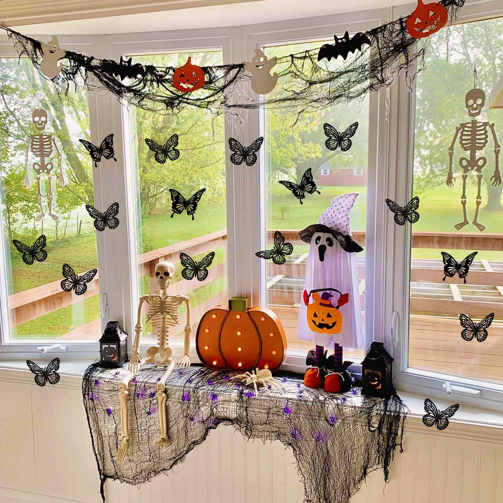 Halloween Black Butterfly Decorations Wall Decor,48Pcs 2 Styles 3 Sizes Butterflies Stickers for Cake Cupcake Toppers, 3D Paper Butterfly Decals for Birthday Goth Party Bathroom