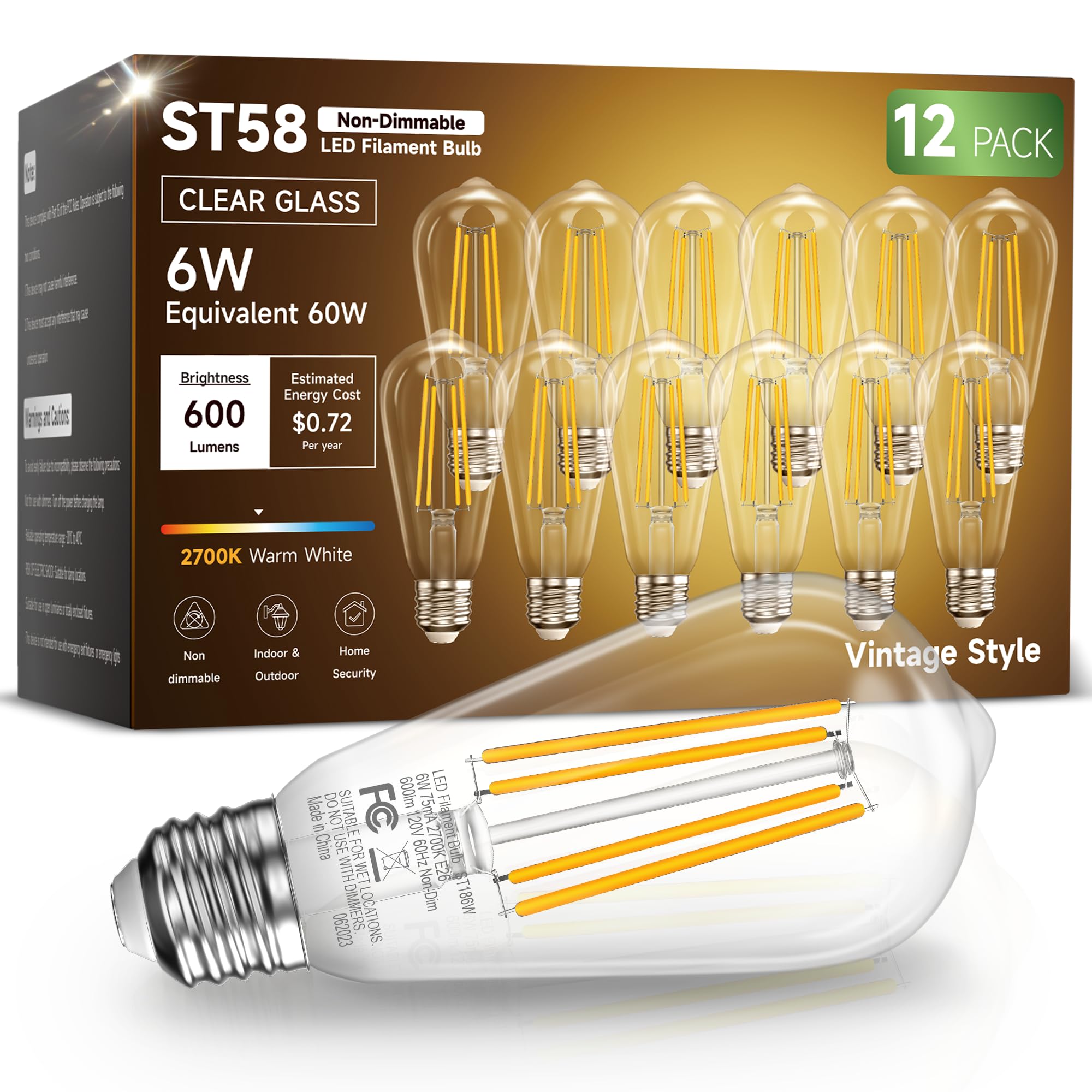 Edison LED Light Bulbs, 6W Equivalent 60W, Warm White 2700K, Non-Dimmable, 600LM, 85+CRI, ST58 Vintage Clear Glass Filament Light Bulbs, E26 Medium Base, Pack of 12