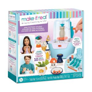 make it real mini pottery studio - 26-piece diy pottery kit with mess-free air dry clay - create 10 miniature projects, beginner to master levels - innovative centering tool - great for kids ages 8