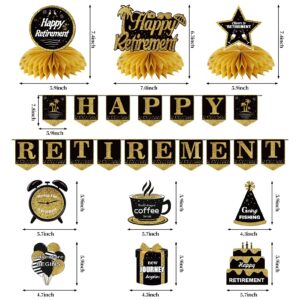 Happy Retirement Party Decorations Kit for Women Men, Black Gold Retirement Banner Honeycomb Centerpieces Swirls Party Supplies, Retirement Banner Ceiling Table Topper Swirls for Indoor Outdoor