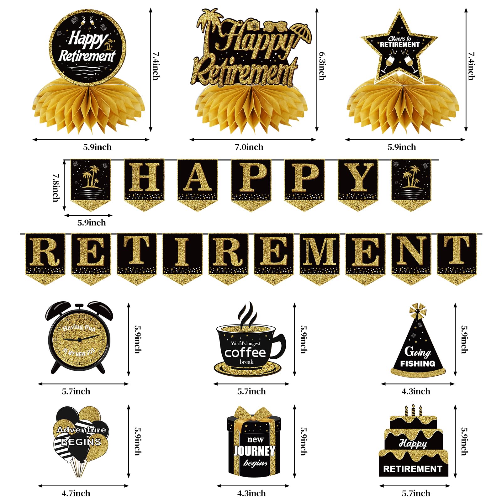 Happy Retirement Party Decorations Kit for Women Men, Black Gold Retirement Banner Honeycomb Centerpieces Swirls Party Supplies, Retirement Banner Ceiling Table Topper Swirls for Indoor Outdoor