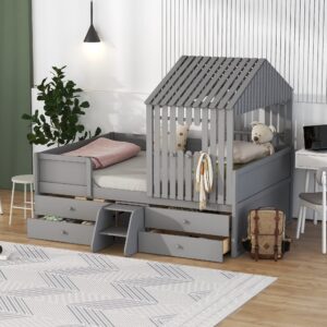 bellemave full house beds with storage drawers for kids, wood playhouse tent bed frame 4 and ladder children girls boys teens, size, gray gray house bed