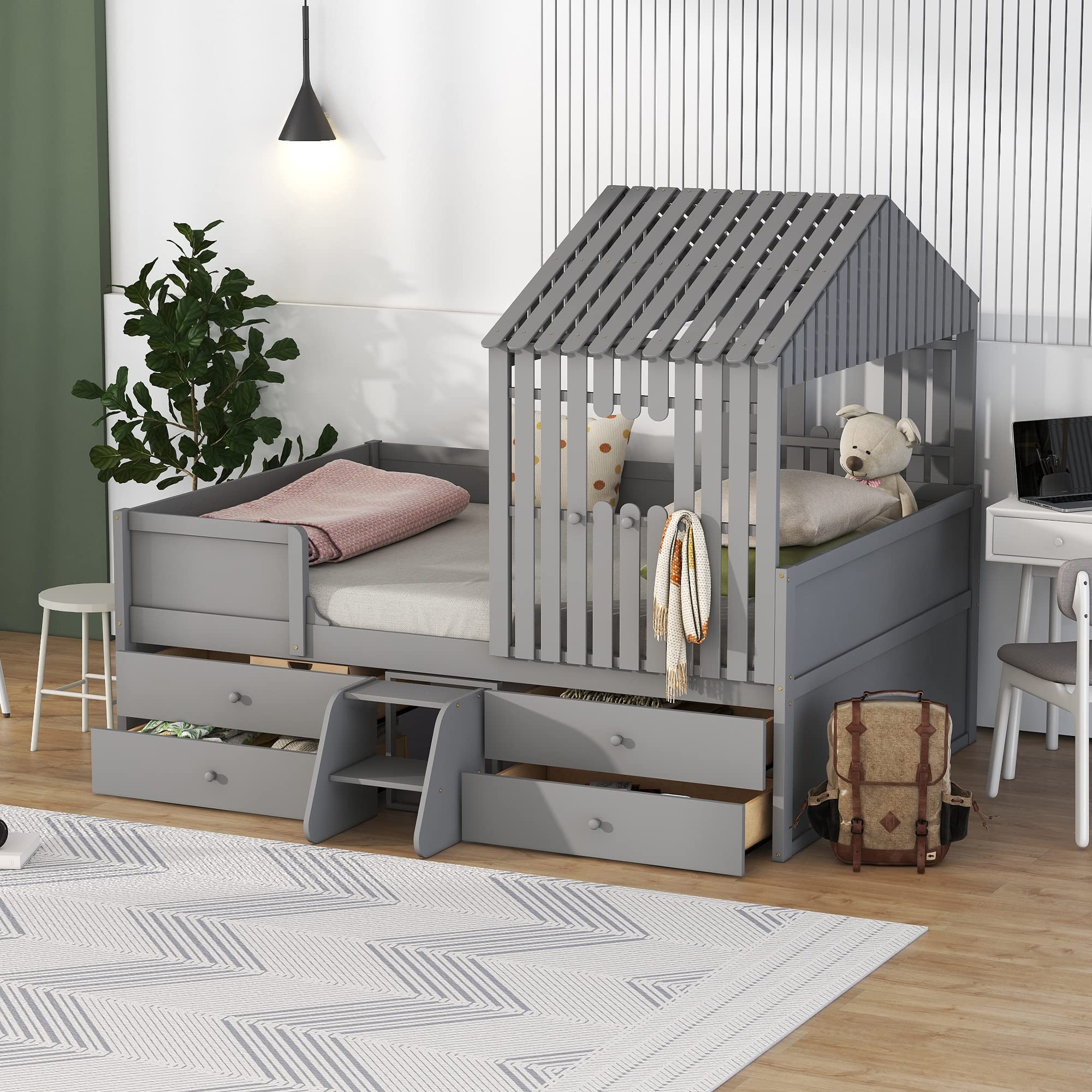 Bellemave Full House Beds with Storage Drawers for Kids, Wood Playhouse Tent Bed Frame 4 and Ladder Children Girls Boys Teens, Size, Gray Gray House Bed