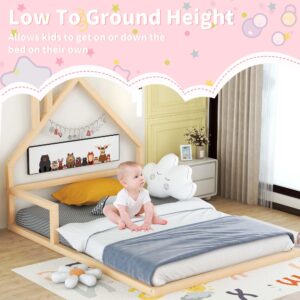 Floor Bed for Kids, Full Size Montessori Bed with House Shape Headboard and Railings, Wood House Bed with Slats for Boys Girls, Low to Ground Height, No Box Spring Needed, Natural