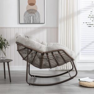 SZLIZCCC Patio Rocking Chairs, Oversized Wicker Egg Rocking Chair,Indoor & Outdoor Upholstered Papasan Chairs, Modern Lounge Chair for Balcony,Living Room Patio, Front Porch, Garden