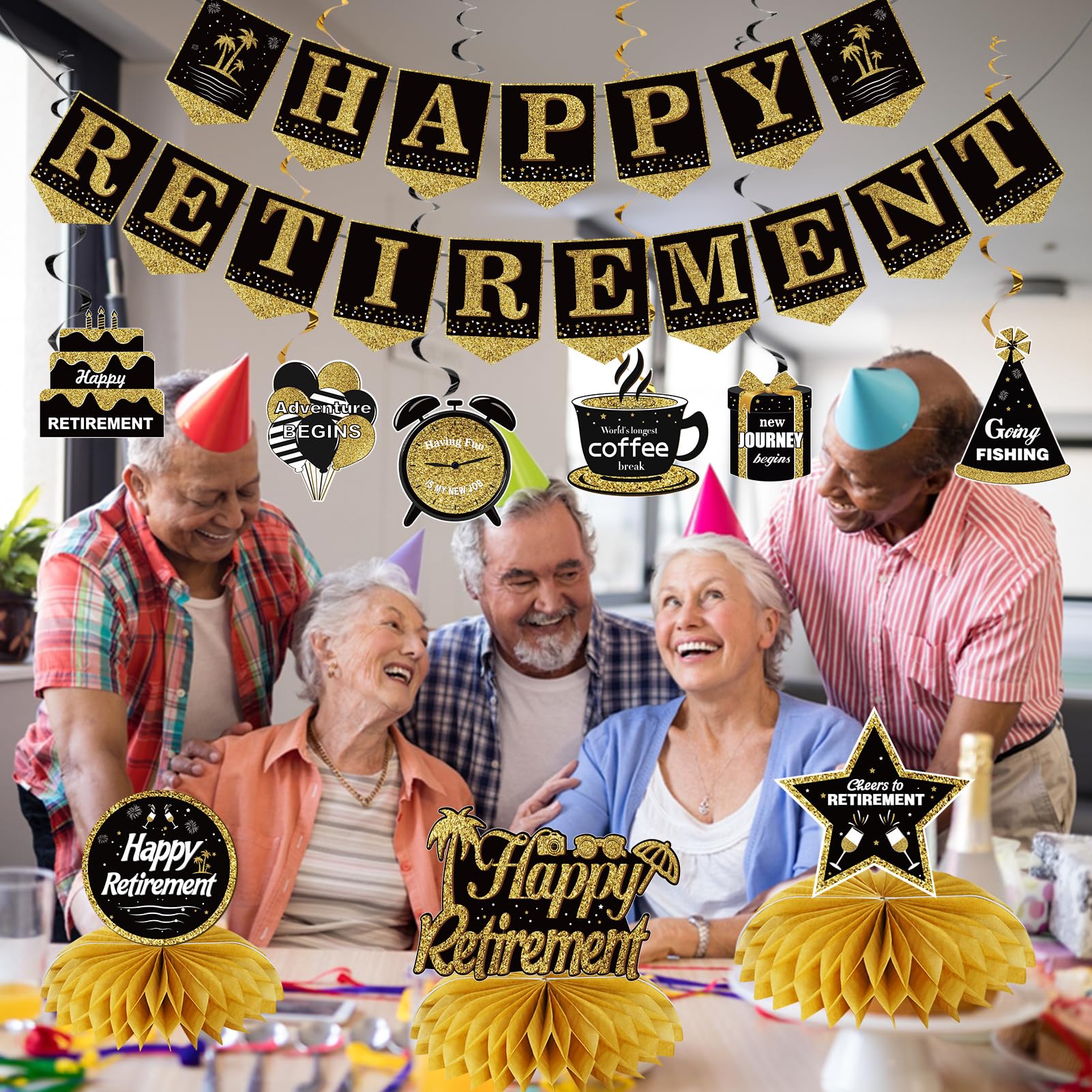 Happy Retirement Party Decorations Kit for Women Men, Black Gold Retirement Banner Honeycomb Centerpieces Swirls Party Supplies, Retirement Banner Ceiling Table Topper Swirls for Indoor Outdoor