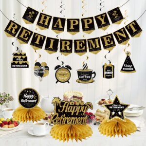 Happy Retirement Party Decorations Kit for Women Men, Black Gold Retirement Banner Honeycomb Centerpieces Swirls Party Supplies, Retirement Banner Ceiling Table Topper Swirls for Indoor Outdoor