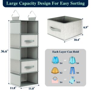 5 Tier Hanging Closet Organizer, Collapsible Thicken Hanging Shelves, with 3 Side Pockets and 2 Removable Drawers, Suitable for Bedroom Closet Clothing Storage Grey