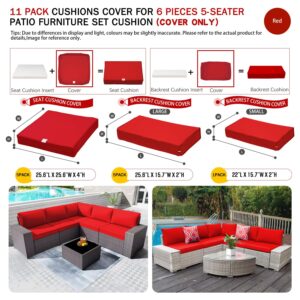 ClawsCover 11Pack Outdoor Seat and Back Cushions Replacement Covers Fit for 5-Seater 6Pieces Wicker Rattan Patio Furniture Conversation Set Sectional Couch Chairs,Red-Included Cover Only