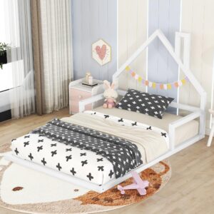 floor bed for kids, full size montessori bed with house shape headboard and railings, wood house bed with slats for boys girls, low to ground height, no box spring needed, white