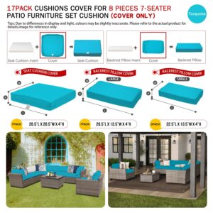 ClawsCover 17Pack Outdoor Seat and Back Cushions Replacement Covers Fit for 8 Pieces 7-Seater Wicker Rattan Patio Furniture Conversation Set Sectional Couch,Turquoise-Include Cover Only