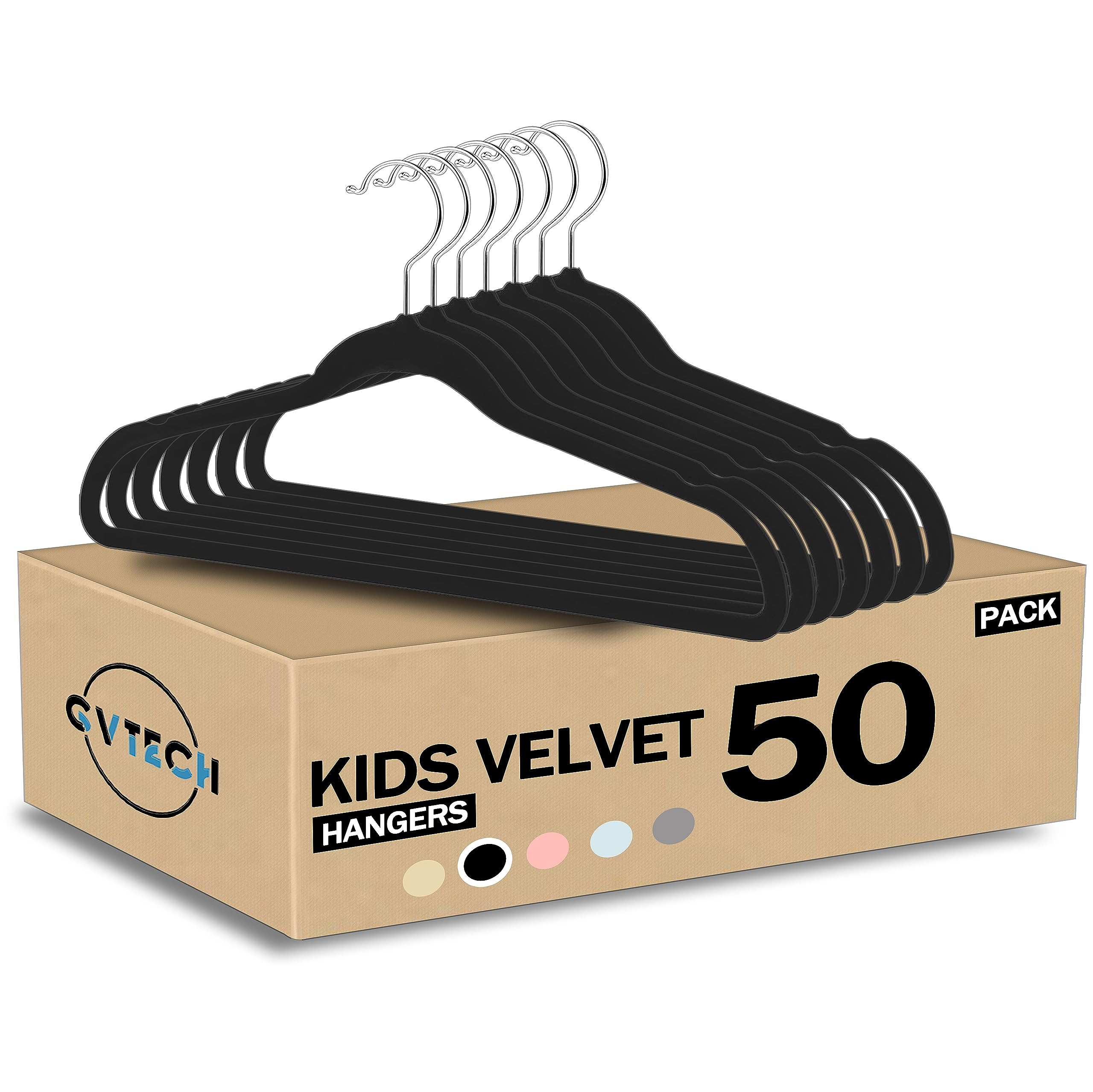 GVTECH Kids Hangers Velvet, [50 Pack] Children Cloth Durable Baby Hangers for Closet - Perfect Infant Toddler Kid Hanger for Everyday Use, Non Slip 360° Hooks for Shirt, Pant, Dress (Black)