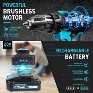 Saker Cordless Drill Set, Brushless 20V Electric Drill with Drill Bits, 3/8-Inch Keyless Chuck, 2 Variable Speeds, 430 In-lbs Torque Battery Power Screwdriver Driver for Plastic, Wood, Metal, Screws