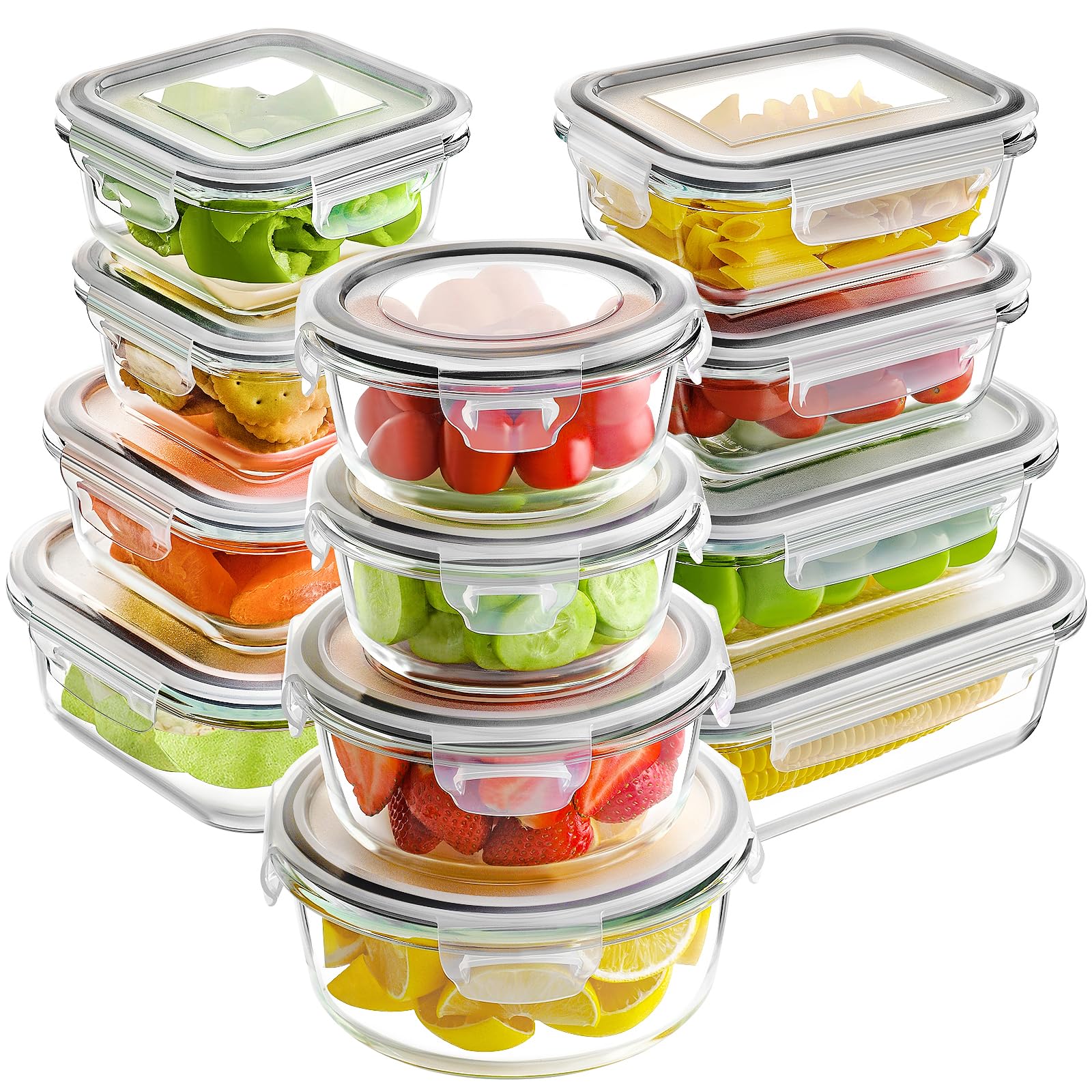 HOMBERKING 12 Sets Glass Food Storage Containers with Lids, Glass Meal Prep Containers, Airtight Glass Bento Boxes, BPA Free & Leak Proof, Pantry Kitchen Storage(12 lids & 12 Containers) - Gray