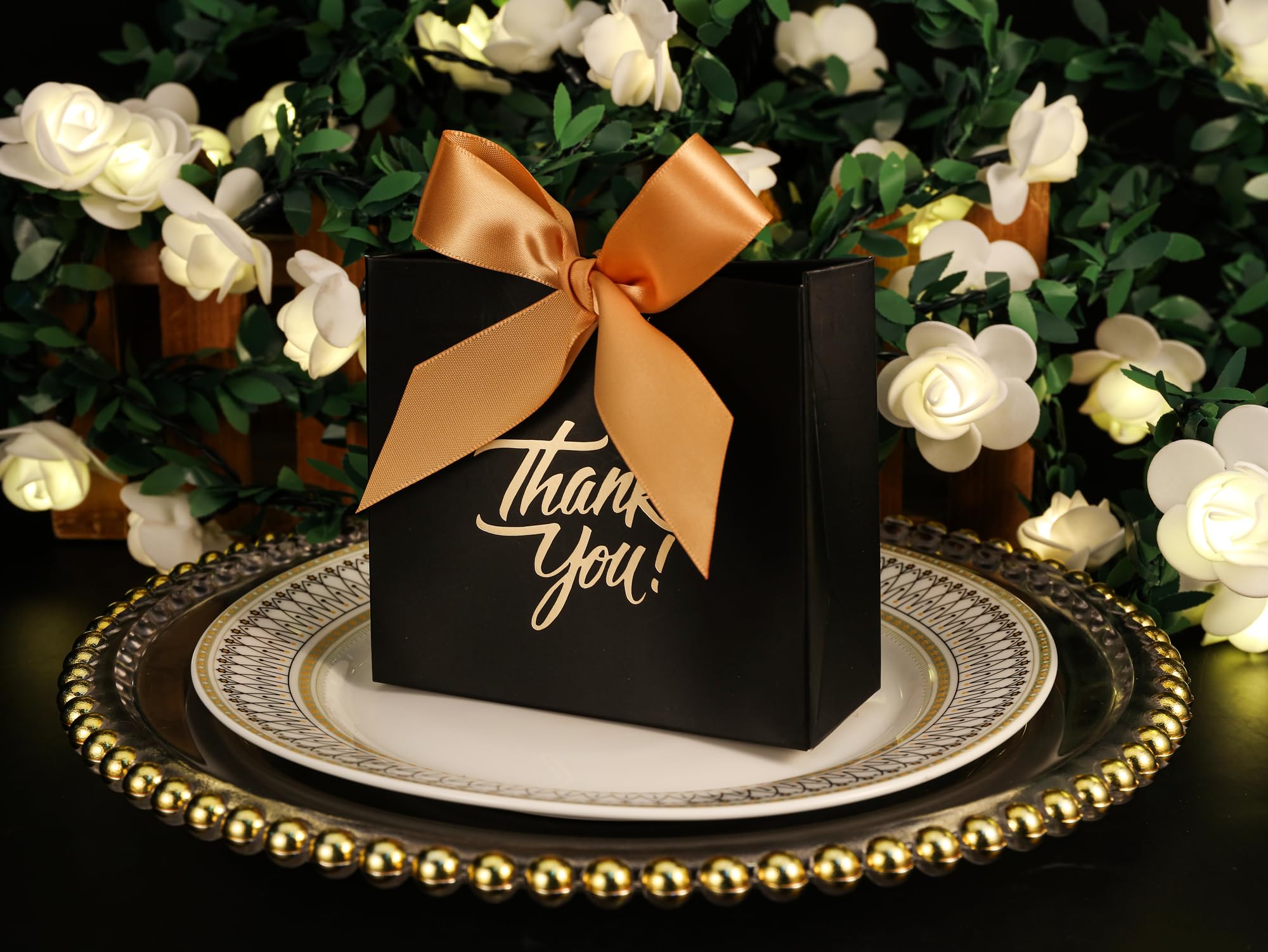 Yoption 50pcs Black Wedding Party Favor Boxes, Small Thank You Bags Party Candy Boxes Bags Chocolate Treat Gift Boxes with Ribbons for Wedding Baby Shower Bridal Business Party Decoration